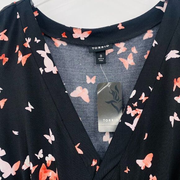 NWT Torrid Size 0X Black & Pink V Neck Flutter Sleeve Butterfly Midi Dress - Picture 6 of 9